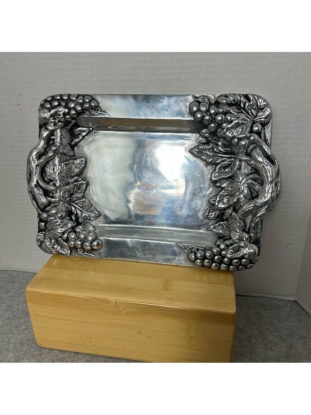 Vintage Mexican Pewter Serving Tray Grape Leaf Motif Heavy